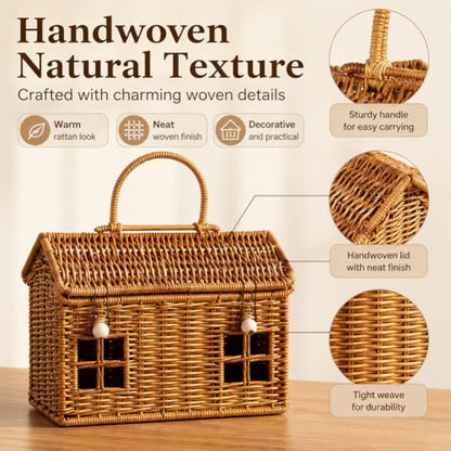 Rattan House Shape Storage Basket with Lid, Small Doll House, Decorative Hand Woven Shelf Organizer with Handle, Natural Harvest Wicker Basket for Picnics, Organizing, Storage (A, 1) - style: A