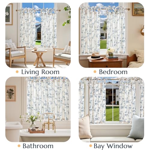 jinchan Blue Floral Kitchen Tier Curtains Alisa 36 Inches Tie Top 2 Panles - color: Alisa Blue on Linen, size: 26"W x 36"L (Pack of 2)