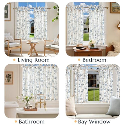jinchan Blue Floral Kitchen Tier Curtains Alisa 36 Inches Tie Top 2 Panles - color: Alisa Blue on Linen, size: 26"W x 36"L (Pack of 2)