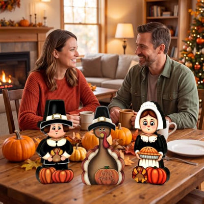 GlikCeil 3 Pcs Thanksgiving Table Decorations Wooden Pilgrim Turkey Sign - style: Thanksgiving Day
