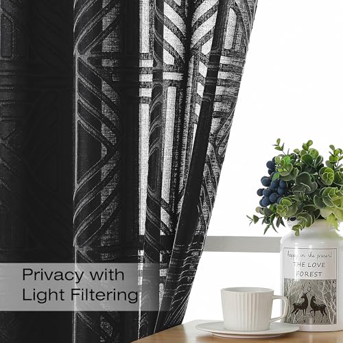 Simplebrand Black Semi Sheer Curtains 84 Inches Long 2 Panels, Light Filtering Geometric Jacquard Clip Textured Sheer Curtains for Bedroom, Modern Elegant Window Drapes, 42x84 inch - color: Black, size: 42"W x 84"L (Pack of 2)