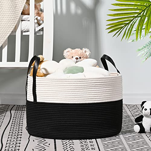 KAKAMAY Large Blanket Basket (20"x13"),Woven Baskets for storage Baby Laundry Hamper, Cotton Rope Blanket Basket for Living Room, Laundry, Nursery, Pillows, Baby Toy chest (White/Black) - color: White and Black