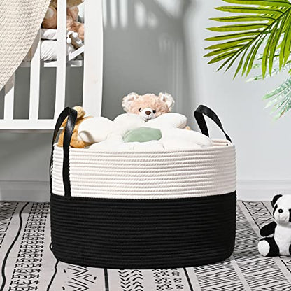 KAKAMAY Large Blanket Basket (20"x13"),Woven Baskets for storage Baby Laundry Hamper, Cotton Rope Blanket Basket for Living Room, Laundry, Nursery, Pillows, Baby Toy chest (White/Black) - color: White and Black