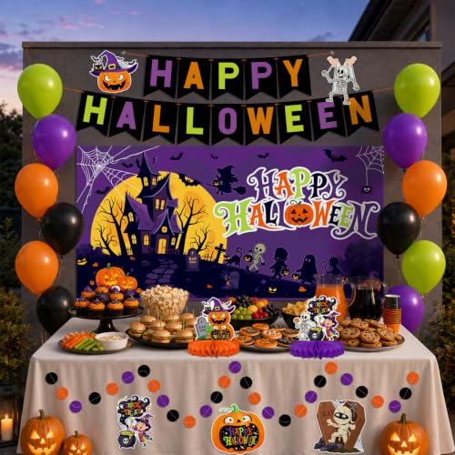 Halloween Decorations Kit, Happy Halloween Banner, Circle Confetti Dots, Hanging Swirl Streamers, Honeycomb Centerpiece and Balloons, Halloween Party Supplies - style: Halloween