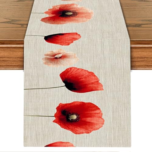 Floral Poppy Table Runner – Elegant Red Poppy-Inspired Dining Table Decor, Soft Linen-Look Fabric, 13x72 Inch, for Kitchen, Parties, Seasonal & Everyday Use - color: 05