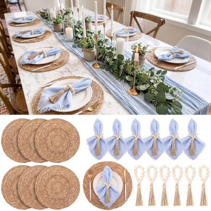Fanfanwin Set of 6 Boho Woven Placemats with Light Blue Napkins, 13 in - color: Light Blue