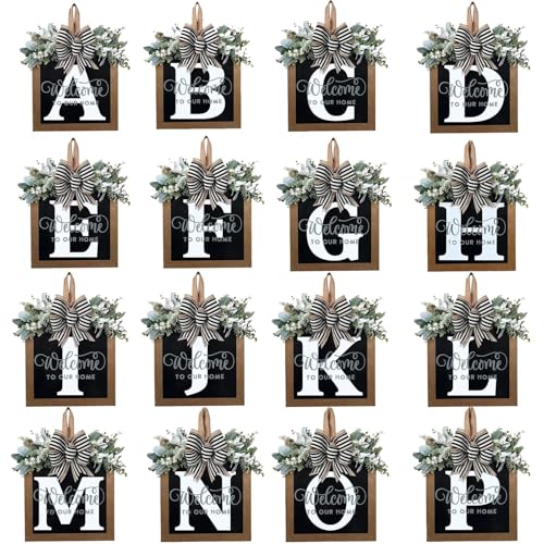 Last Name All Year Round Front Door Wreath with 26 Initial Letter Welcome Sign All Seasons Eucalyptus Garland and Bow ，Farmhouse, Porch, for Spring Summer Fall All Seasons Holiday Halloween Christmas. (M) - color: M