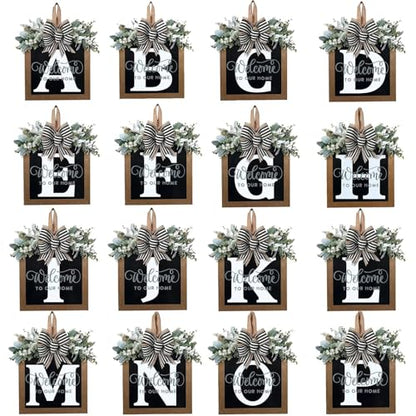Last Name All Year Round Front Door Wreath with 26 Initial Letter Welcome Sign All Seasons Eucalyptus Garland and Bow ，Farmhouse, Porch, for Spring Summer Fall All Seasons Holiday Halloween Christmas. (M) - color: M