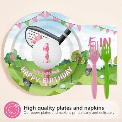 96 Pcs Pink Golf First Birthday Party Decorations, Serves 24 - style: Pink Hole In One Kits