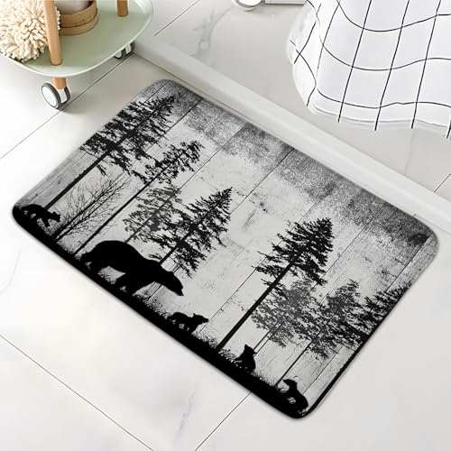 Rustic Bear Bathroom Rugs Cabin Retro Wooden Board Tree Forest Farmhouse Country Camping Hunting Nature Safari Wild Animal Bath Mat Bedroom Kitchen Toilet Floor Doormat 24x35 - color: Grey, size: 24x35