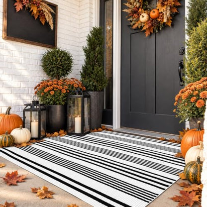 LEEVAN 4'X6' Black and White Striped Woven Cotton Reversible Outdoor Rug - color: 1white Strip, size: 4' x 6'