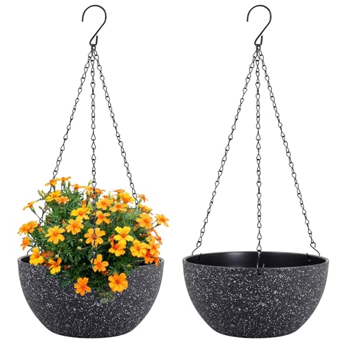 Meowell 8 inch Small Hanging Planters for Indoor Outdoor Plants, 2 Pack Hanging Flower Plant Pots with Drainage Holes and Chain for Porch, Plastic Hanging Baskets for House Plants, Speckled Black - color: Speckled Black, size: 8inch 2pcs