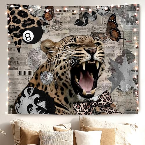 MKYFHSVGD Retro Trendy Cheetah Tapestry Wall Hanging, Leopard Print Room Decor, Disco 8 Ball Butterfly Leopard Wall Tapestry for Girls Bedroom Living Room Home Decorations, 50x60 Inch - color: Cheetah