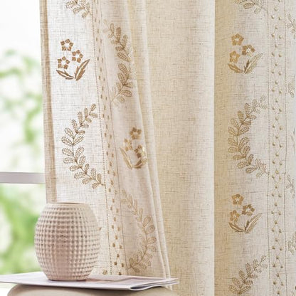 jinchan Floral Linen Curtains 84 Inch Farmhouse Back Tab 2 Panels - color: Beige, size: 50"W x 84"L (Pack of 2)