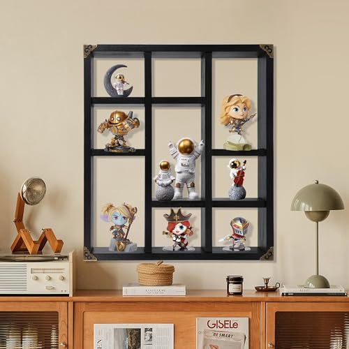 17.7x15.7-Inch Shadow Box Shelf 9-Slot Rustic Floating Shelves Larger Wall Mounted Lightweight Solid Wood Display Freestanding Farmhouse Shelf (9C-Classic Black) - color: 9c-classic Black, size: 1 PCS