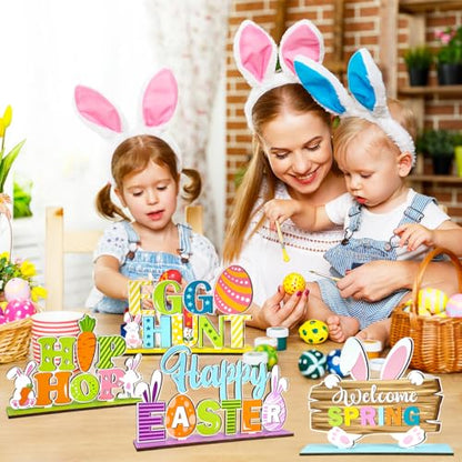 Easter Table Decoration 4 Pcs Wooden Happy Easter Table Centerpiece with Bunny Egg Carrot Tabletop Signs Welcome Spring Decorations for Dinner Party Indoor Outdoor Decor
