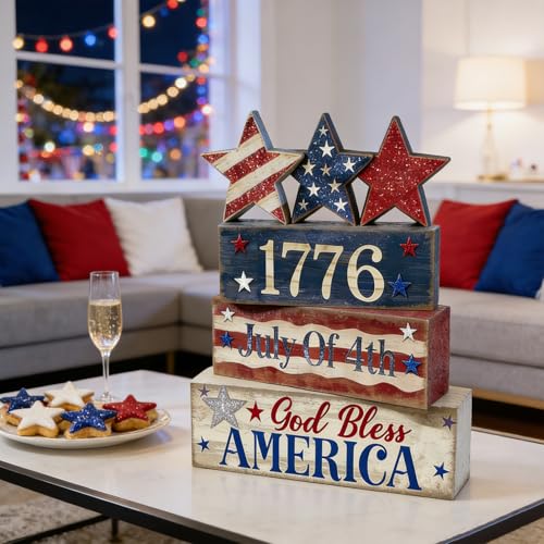 4th of July Table Decorations Patriotic Memorial Day Tiered Tray Decor Wooden Star Block Signs Independence Farmhouse 250th July Fouth Centerpiece for Tables Wooden Sign for Home Decor - style: July Fouth Star
