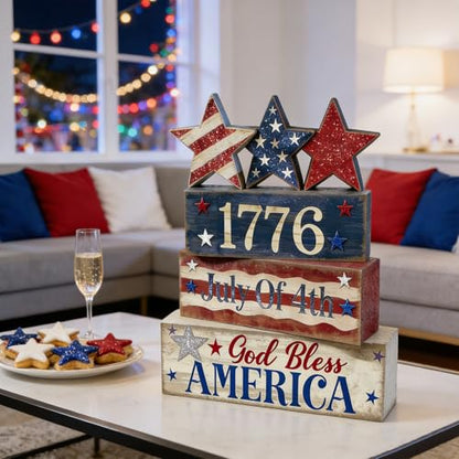 4th of July Table Decorations Patriotic Memorial Day Tiered Tray Decor Wooden Star Block Signs Independence Farmhouse 250th July Fouth Centerpiece for Tables Wooden Sign for Home Decor - style: July Fouth Star