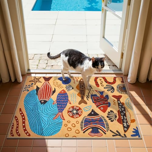 jinchan 2x3 Coastal Area Rug Washable Kids Rug Colorful Ocean Fish Mat, Tan - color: Undersea Stroll Light Taupe, size: 2' x 3' (Rectangular)
