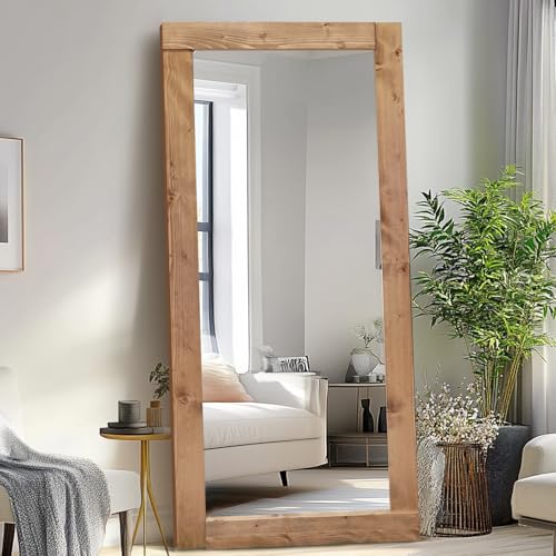 71x32in Full Length Mirror, Solid Wood Convex Frame, Light Brown - color: Light Brown-convex Frame, size: 71"L x 32"W
