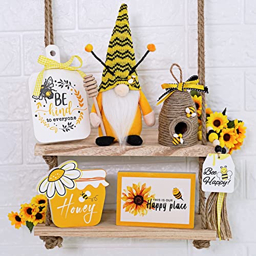 Bee Tiered Tray Decor Set, 6 Pcs Summer Farmhouse Decor with Gnome, Bee Hive, Sunflower Wood Signs & Garland, Rustic Countertop Kitchen Coffee Bar Decorations - style: Bee