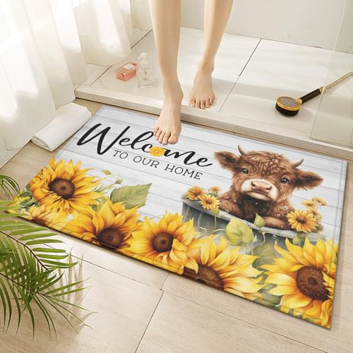 Sunflower Highland Cow Indoor Door Mat Non-Slip Floral Welcome Doormat Washable Decorative Mat Rug for Outdoor Entryway Kitchen Bathroom 17x30 Inch - color: Welcome to Our Home