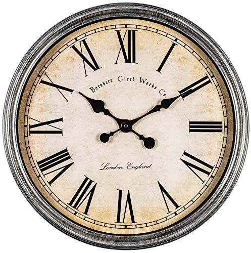 Bernhard Products Large Decorative Wall Clock 20 Inch Silent Non Ticking Battery Operated Quartz Vintage Stylish with Rustic Silver Rim for Home Living Room Dining Room Kitchen & Over Fireplace - style: Rustic Silver