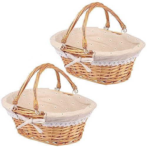 2 Pack Medium Size Wicker Basket with Handle, 12.6x9x4.7 inch Wicker Picnic Basket with Liner, Empty Gift Basket, Oval Willow Woven Basket for Fruit, Candy, Gathering, Wedding, Picnic, by,GNIEMCKIN - size: 2 PCS medium natural color