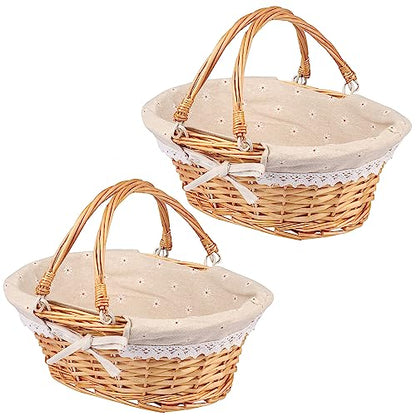 2 Pack Medium Size Wicker Basket with Handle, 12.6x9x4.7 inch Wicker Picnic Basket with Liner, Empty Gift Basket, Oval Willow Woven Basket for Fruit, Candy, Gathering, Wedding, Picnic, by,GNIEMCKIN - size: 2 PCS medium natural color
