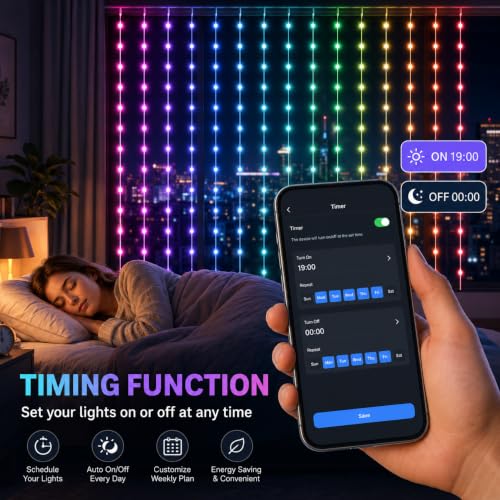 Smart Curtain Lights Outdoor 400LED App Music Timer USB 6.6x6.6FT