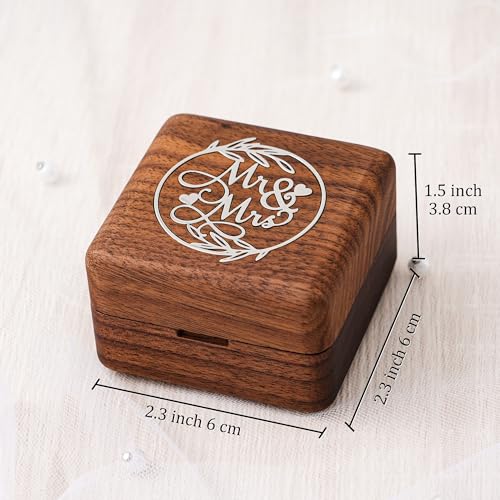 KWOOD Custom Wooden Wedding Ring Box for 2 Rings, Engraved Mr & Mrs Double Ring Holder for Wedding Ceremony Ring Bearer Box Anniversary Birthday Gift Ideas - style: S-Mr & Mrs