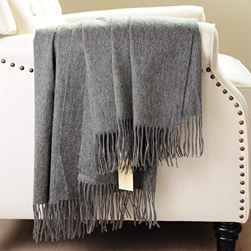 CUDDLE DREAMS Premium Cashmere Throw Blanket with Fringe (Gray) - color: Gray