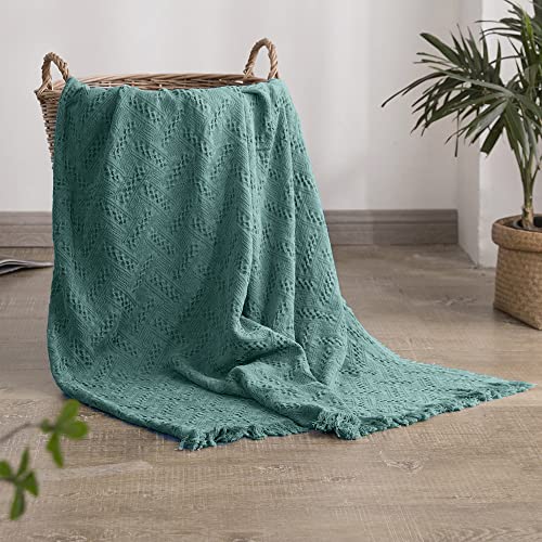 Simple&Opulence 100% Cotton Throw Blanket for Bed, Couch, Boho Luxury Geometric Knit Woven Blanket with Tassels Soft Lightweight Cozy Breathable, Vintage Farmhouse Decoration for All-Season(Green) - color: Dark Green