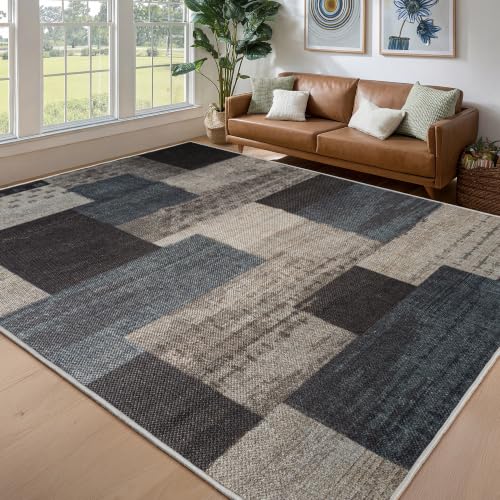 Modern Outdoor Patio Rug, Geometric Patchwork Rug for Living Room, Blue - color: Blue-taupe, size: 5x7ft