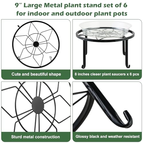 6-pack 9" Large Metal Plant Stands Indoor Outdoor Rustproof Iron Potted Plant Holder Heavy-duty Round Flower Pot Riser Shelf for Garden Patio Corner Stand with Clear Water Tray - size: 6 Pack (9 inch)