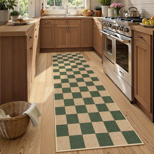 Lahome Checkered Easy Jute Kitchen Runner Rug, 2x8 Outdoor Rugs Washable - color: Deep Green/Nature-1, size: 2'6" x 8' (Runner)