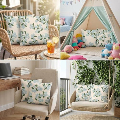 COMMINY Blue Dhalia Linen Pillow Covers 18x18 Set 6 Farmhouse Throw Cover - color: Green Flower, size: 18" x 18" (Pack of 6)