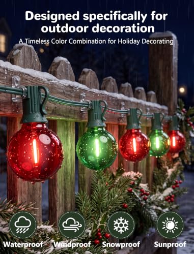 25Ft G40 LED Red Green Outdoor String Lights, 27 Shatterproof Globe Bulbs - color: Red/Green, size: 25Ft