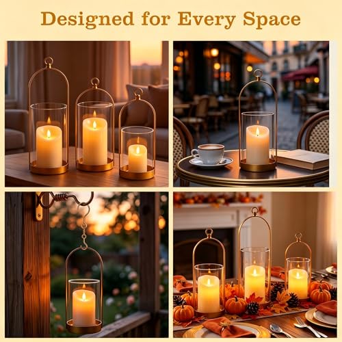 Hurricane Glass Candle Holders Set of 3, Hanging Gold Candlestick