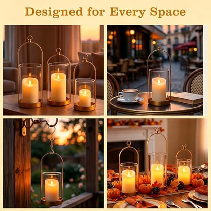 Hurricane Glass Candle Holders Set of 3, Hanging Gold Candlestick