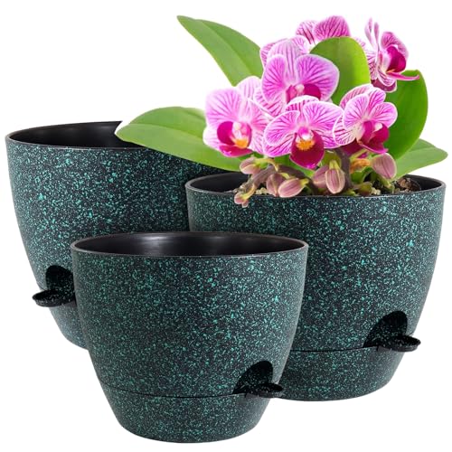 WSMKSZ 12/10/9 inch Self Watering Pots for Indoor Outdoor Plants, Set of 3 - color: Black With Green Speckles, size: 12"+10"+9"