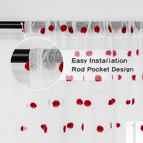MYSKY HOME Red Pom Pom Curtains for Kitchen Windows 45 Inch Long 2 Panels - color: Red Pom Pom, size: 50"W x 45"L (Pack of 2)