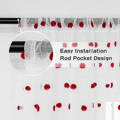MYSKY HOME Red Pom Pom Curtains for Kitchen Windows 45 Inch Long 2 Panels - color: Red Pom Pom, size: 50"W x 45"L (Pack of 2)