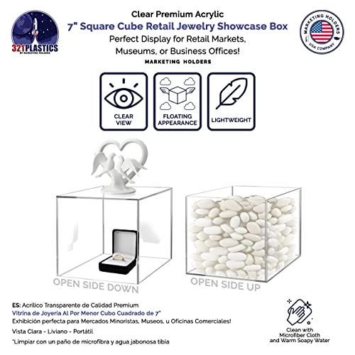 7" Acrylic Display Riser Box with One Open Side No Lid Versatile Clear Square Retail Merchandise Storage Bin or POP Product Platform No Assembly by Marketing Holders - size: 7" Cube-Clear