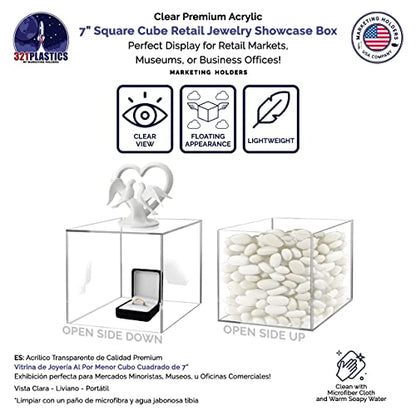 7" Acrylic Display Riser Box with One Open Side No Lid Versatile Clear Square Retail Merchandise Storage Bin or POP Product Platform No Assembly by Marketing Holders - size: 7" Cube-Clear