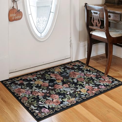 Washable 2x3 Small Area Rug, Navy Boho Floral Non-Slip Entryway Door Mat - color: Dark Navy, Dusty Rose, Mustard and Blue Grey, size: 2' x 3' (Rectangular)