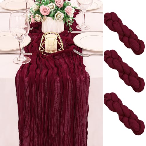 2 Pack 120 Inch Burgundy Cheesecloth Table Runner Boho Rustic Gauze Sheer Romantic 10 FT Long Cheese Cloth Table Runner for Bridal Baby Shower Wedding Party Birthday Holiday Home Easter Decor - color: Burgundy