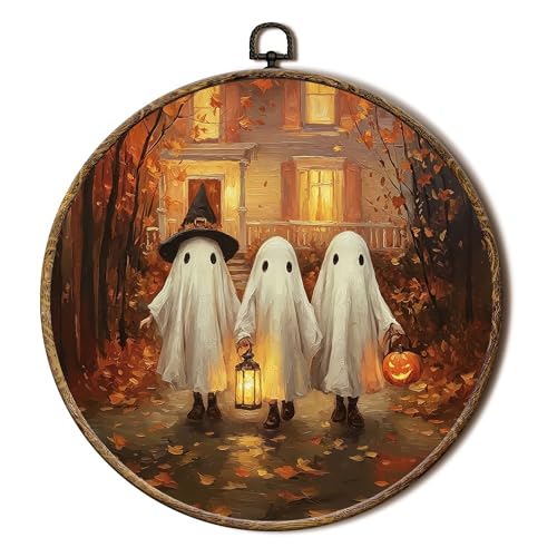 FSTCSV Fall Halloween Ghost Round Wall Art Framed, Fall Leaves Pumpkin Ghosts Canvas Prints Wall Hanging Art, Spooky Cute Witch Hat Ghost Autumn Circle Walls Decor for Home Bedroom, 10x10in - color: color-1