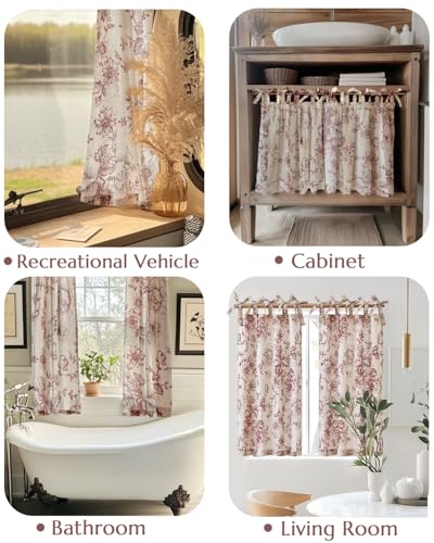 jinchan Red Floral Kitchen Tier Curtains Alice 24 Inches Tie Top 2 Panles - color: Alice Red on Linen, size: 26"W x 24"L (Pack of 2)