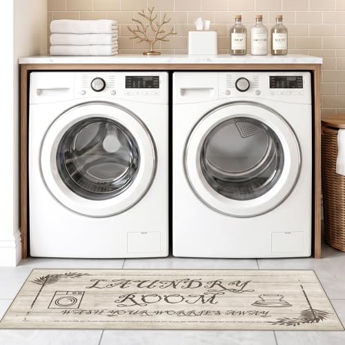 Non Slip Laundry Runner Rug: Farmhouse Laundry Rugs for Laundry Room - color: Beige Wood Tone, size: 1'8" x 4' (Rectangular)